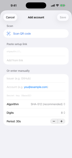 Add an account by scanning a QR code or entering a key