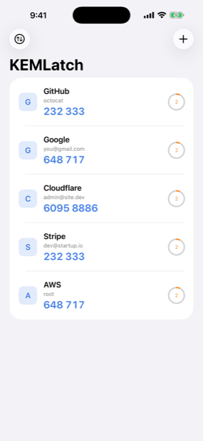 KEMLatch account list showing live two-factor codes with countdown rings